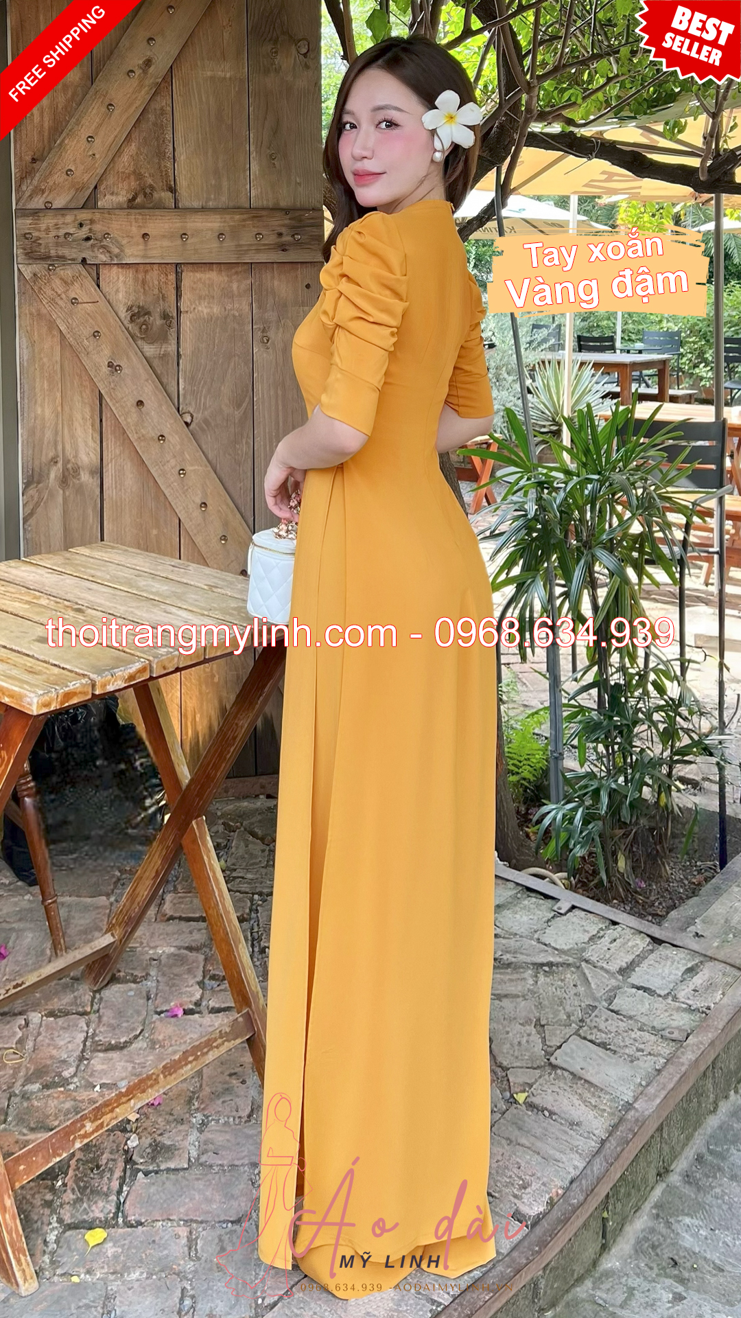 Bộ áo dài cổ nữ hoàng tay xoắn vàng đậm